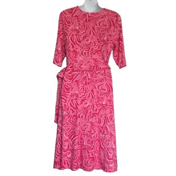 Lilly Pulitzer Faux Wrap Fit & Flare Pink Tiger Dress Size Medium - Picture 2 of 7